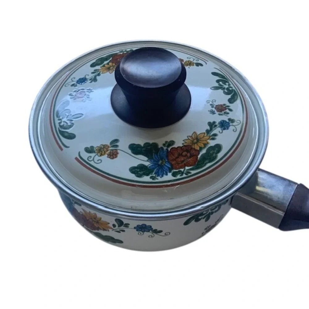 Vintage Floral Enamelware Saucepan Set w Lids Cottagecore Retro Kitchen